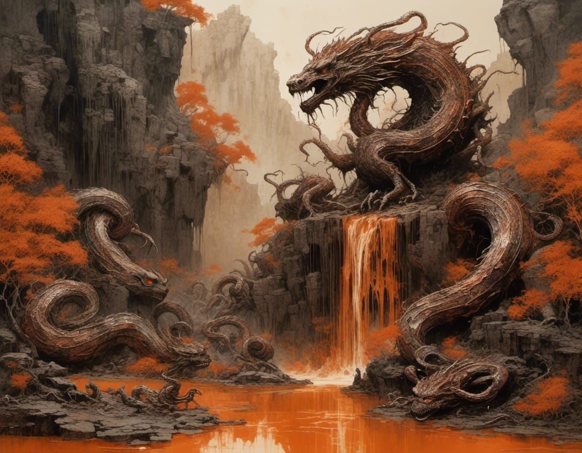 Clay Hydra-Bahamut Hybrid with Waterfalls