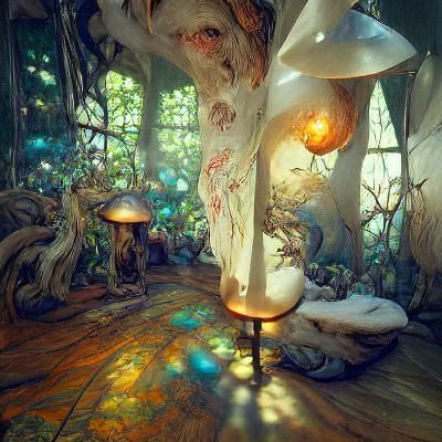 Fairytale Cottage Interior with Fireflies, Fantasy Concept A...