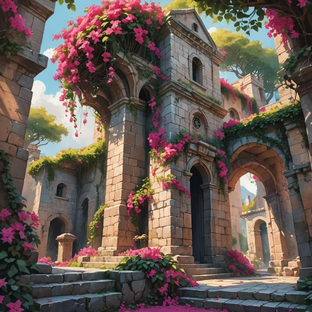 Medieval Tower Engulfed in Bougainvillea, Anime Style