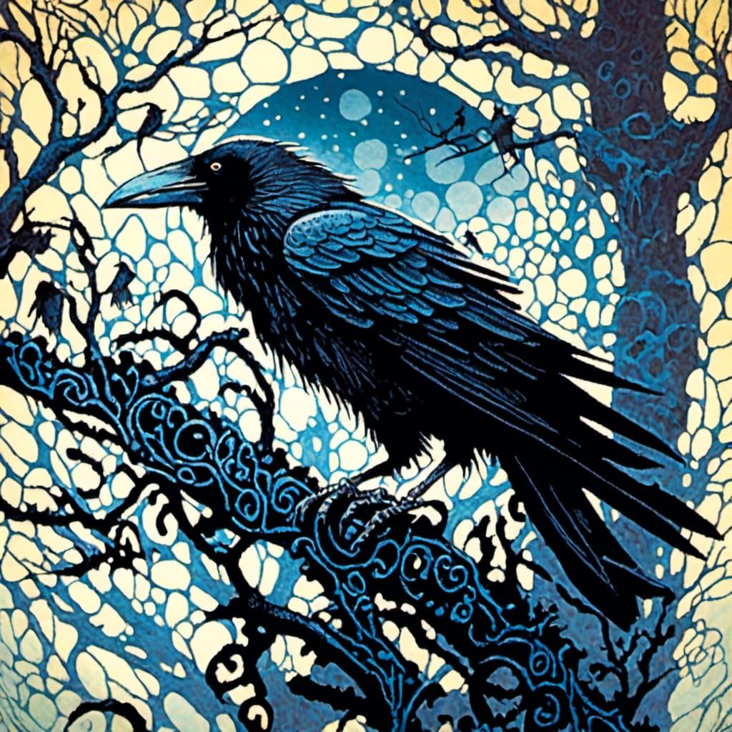 Bioluminescent Crow on Branch in Fantasy Style