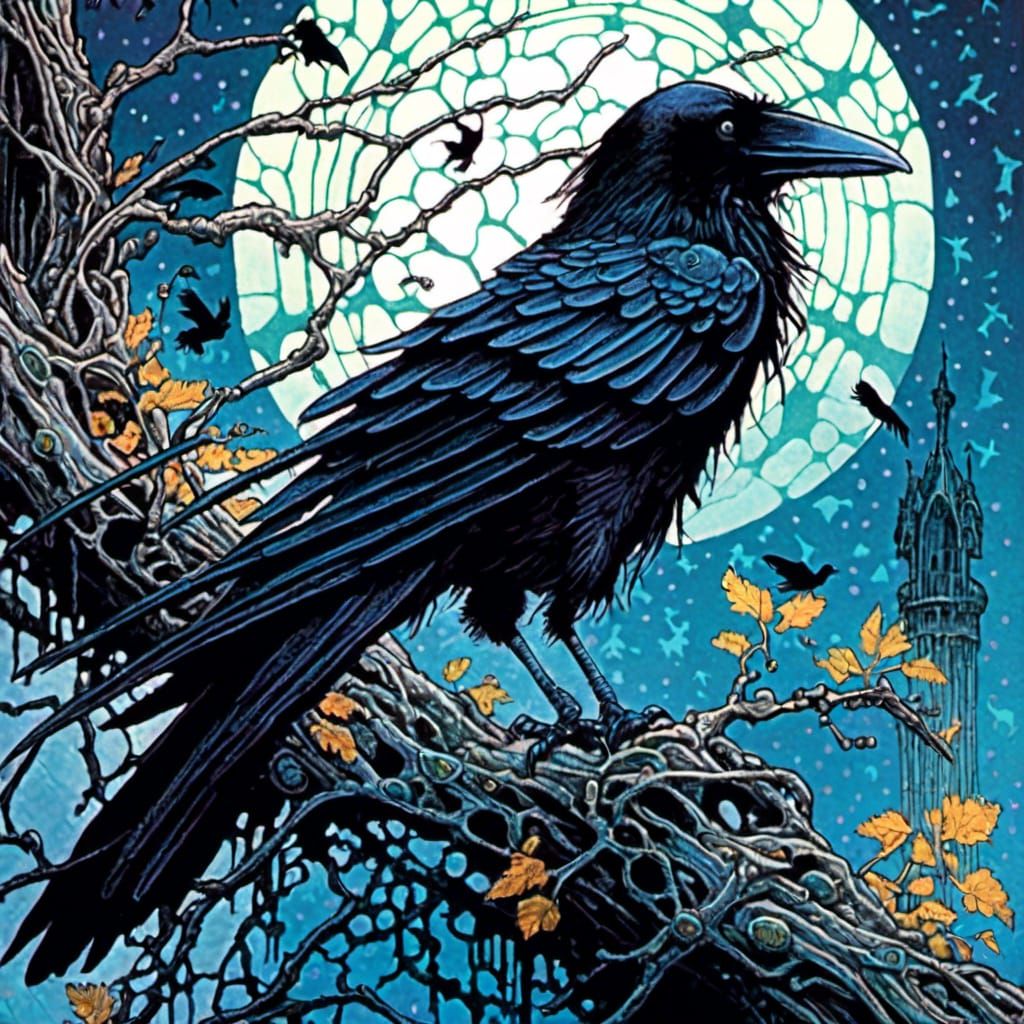 Bioluminescent Crow on Branch in Fantasy Style