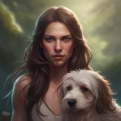 Girl and Dog Portrait in Hyperdetailed Style