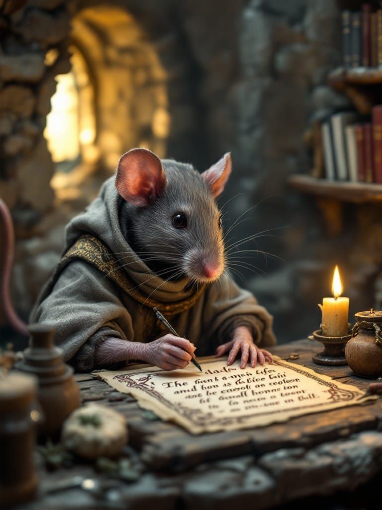 Medieval Rat Monk Writing with Tail Quill