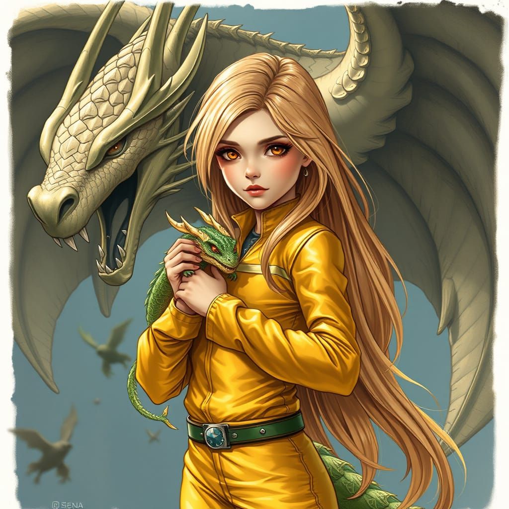 Golden Jumpsuit Girl with Dragon Companion