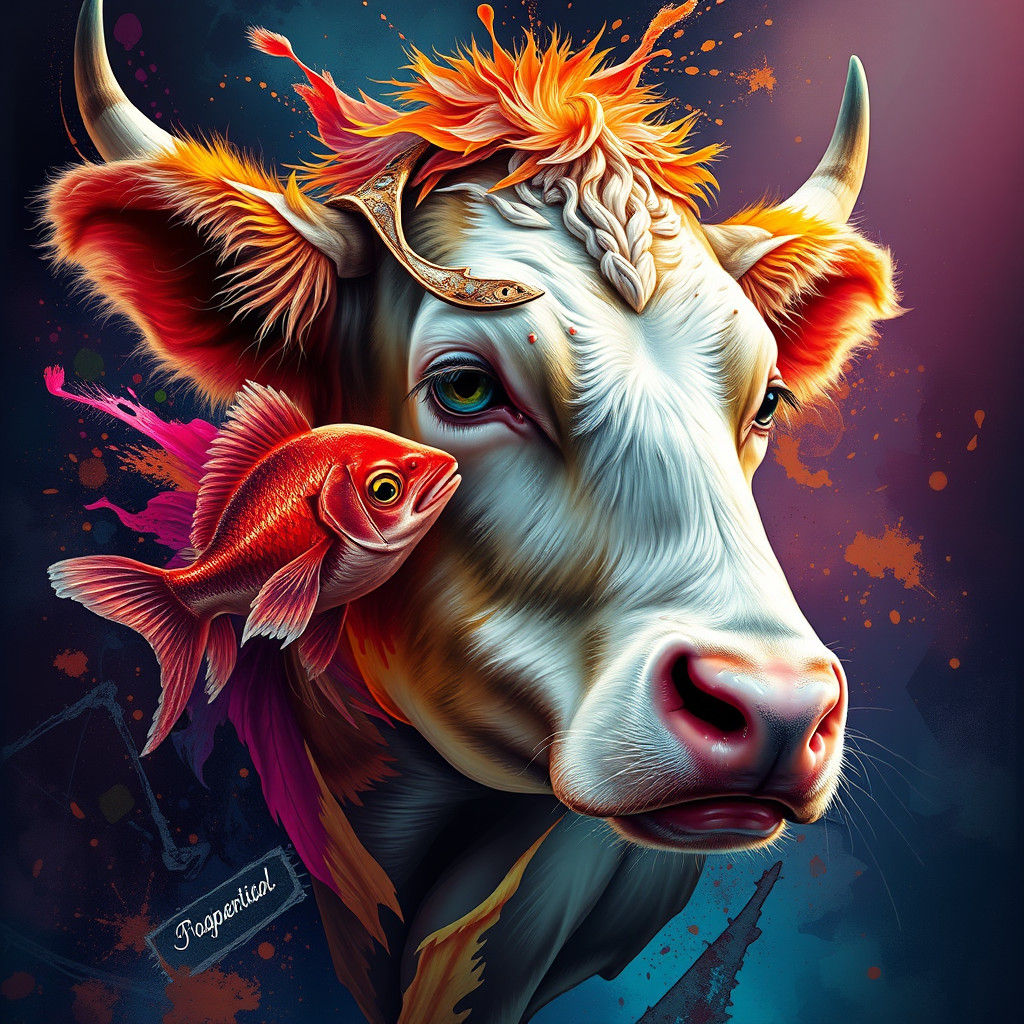 Hyperrealistic Animal Hybrid: Cow, Fish, Cat, and Dog