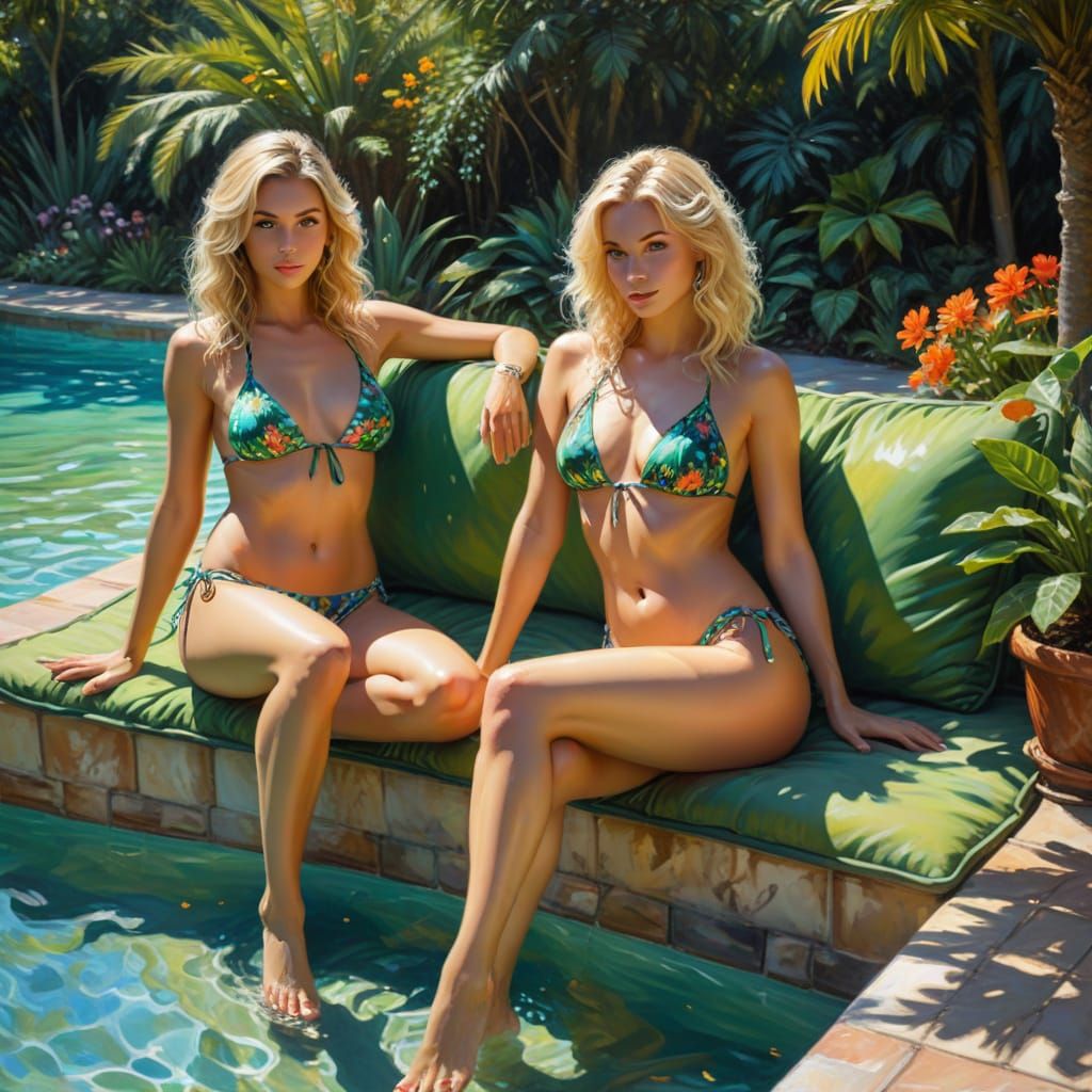 Two Elves on Love Seat by Pool in Jose Royo Style
