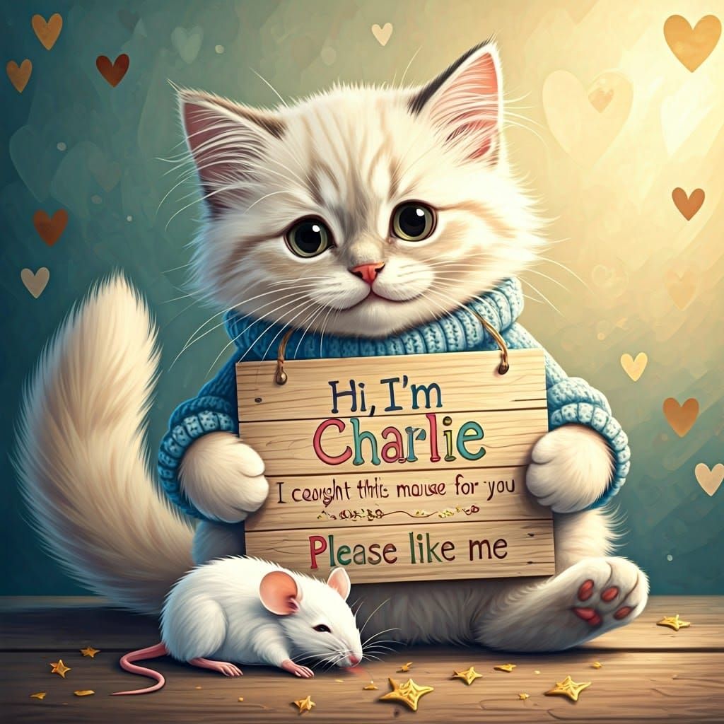 Whimsical Kitten Scene in Heart-Themed Background