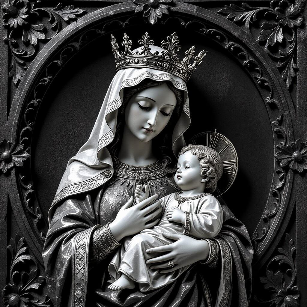 Mary and Jesus: Bas-Relief Carving in Black and White