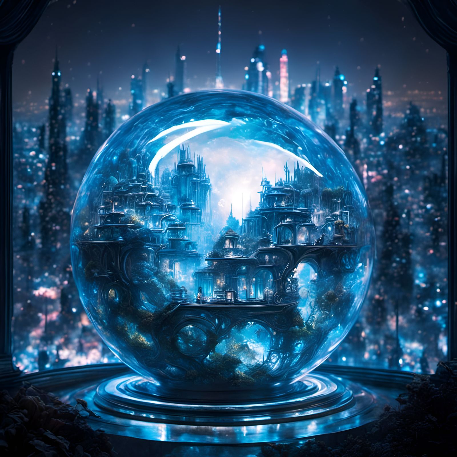 Futuristic Eye in Glass Sphere with Sci-Fi Cityscape