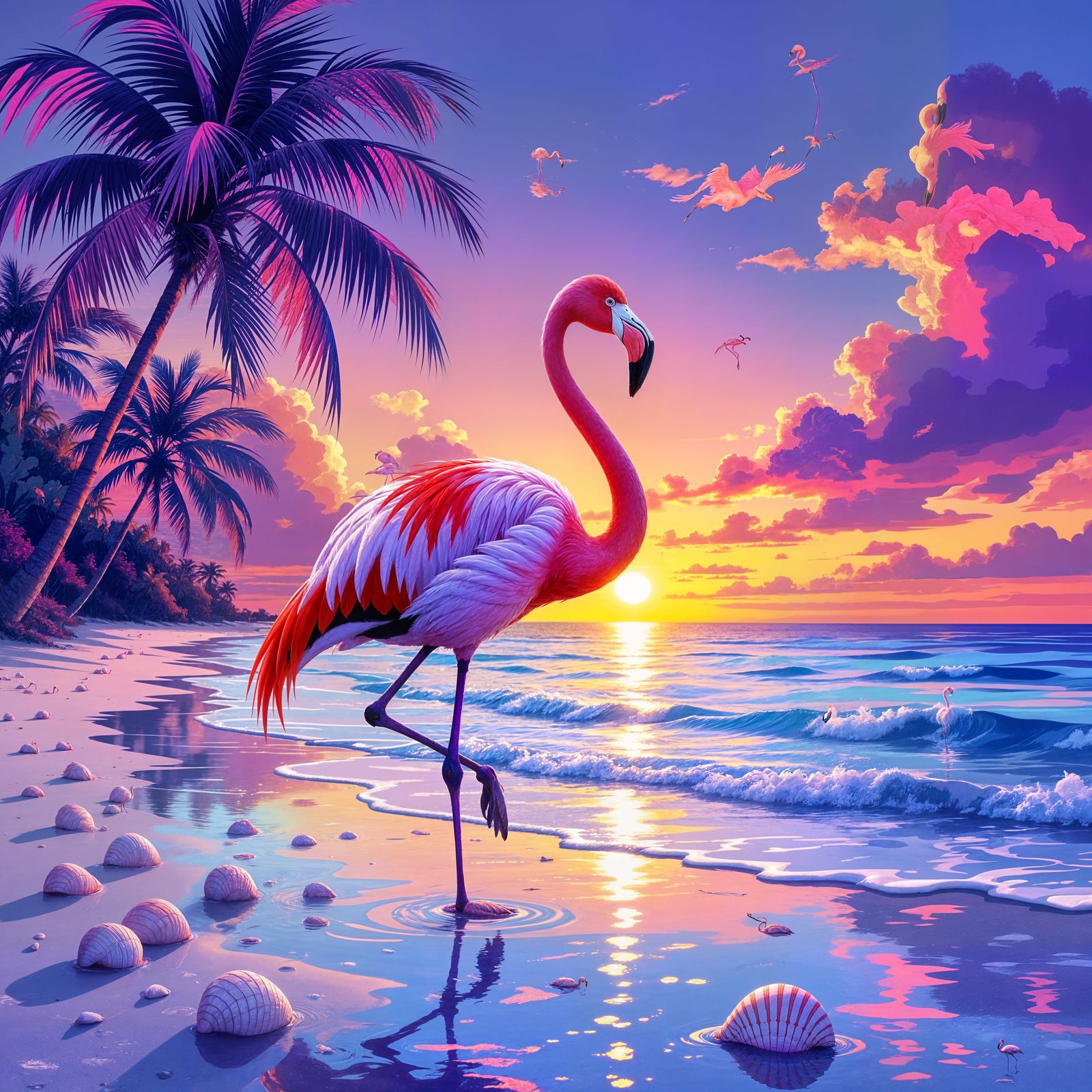 Flamingo in Dreamy Sunset Seascape