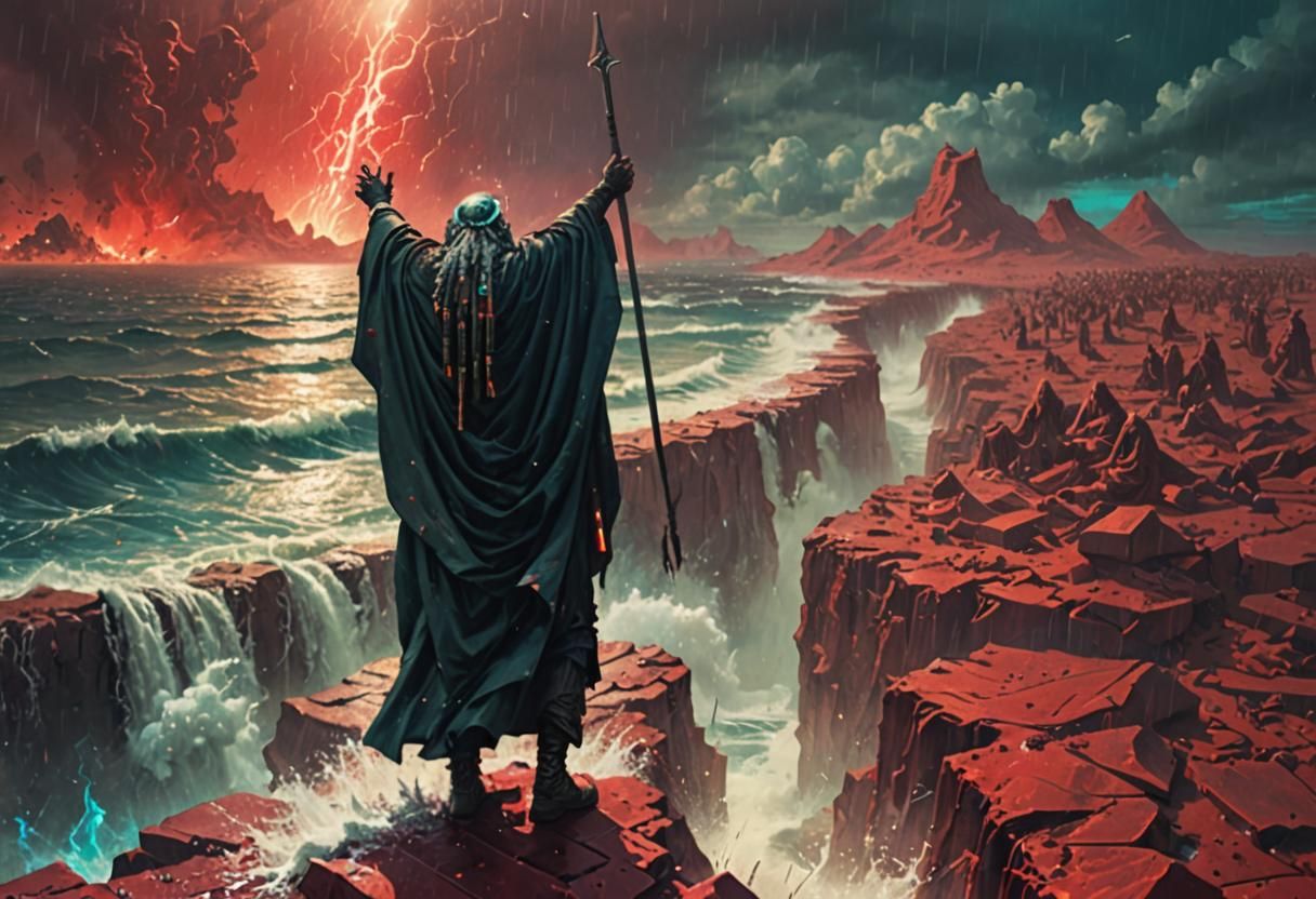 Cyberpunk Moses Parting the Red Sea
