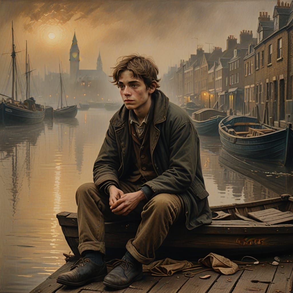 Homeless Boy on London Waterfront in Fog