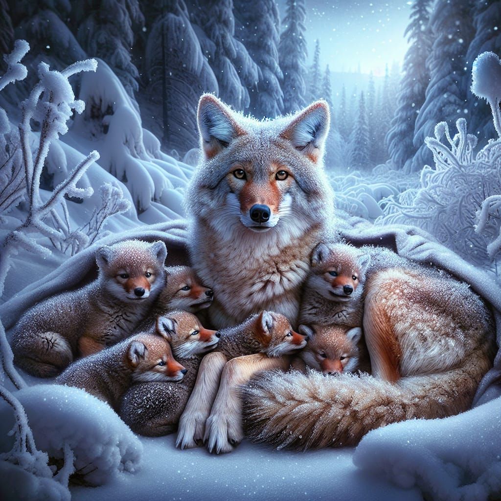 Coyote Mother and Pups in Snowy Den