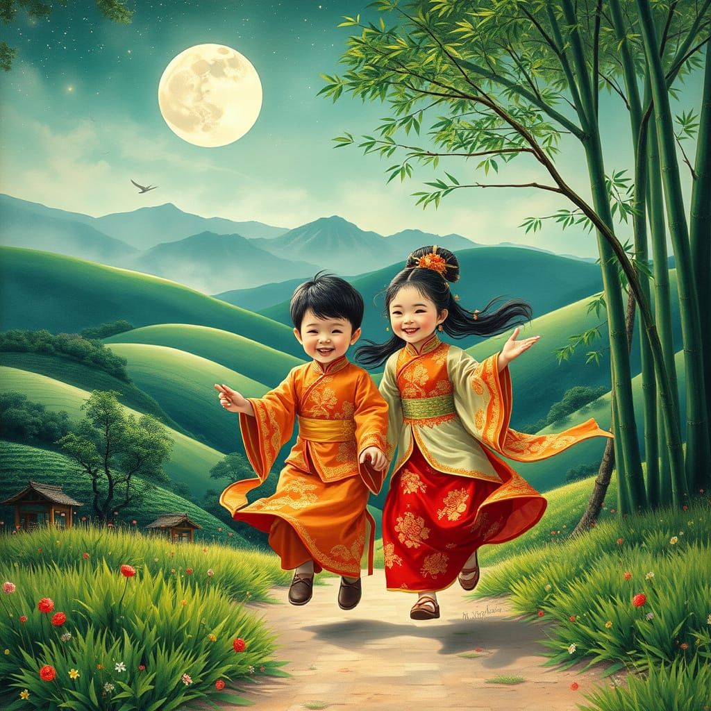 Joyful Hanfu Celebration Under a Full Moon