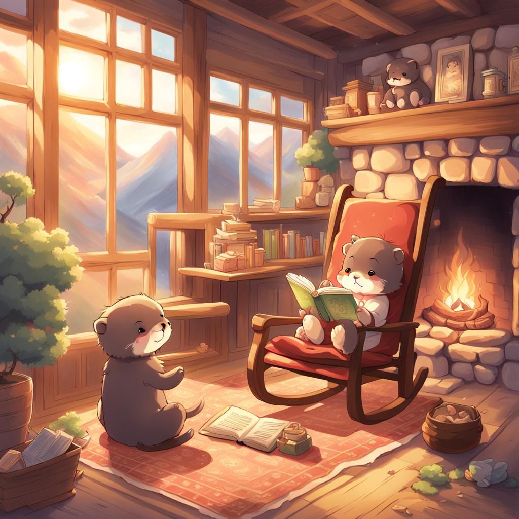 Otter Reading to Chibi Otters: Anime Key Visual