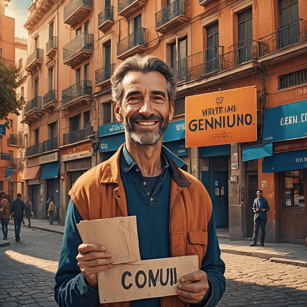 Smiling Man with Sign in Fantasy Concept Art Style