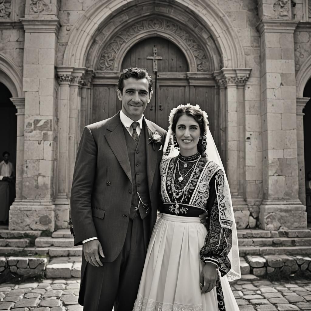 Sardinian Newlyweds Wedding Photo in 1930s Style