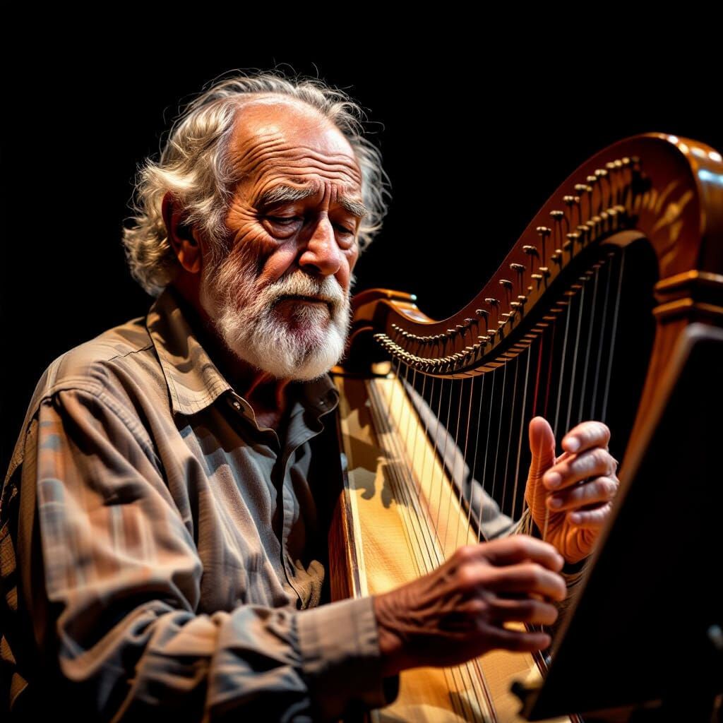 Old Man Plays Harp Under Dramatic Lighting