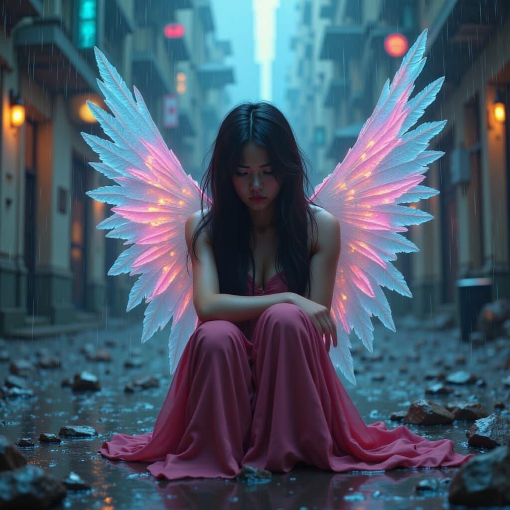 Cyberpunk Angel in Neon Cathedral Ruins