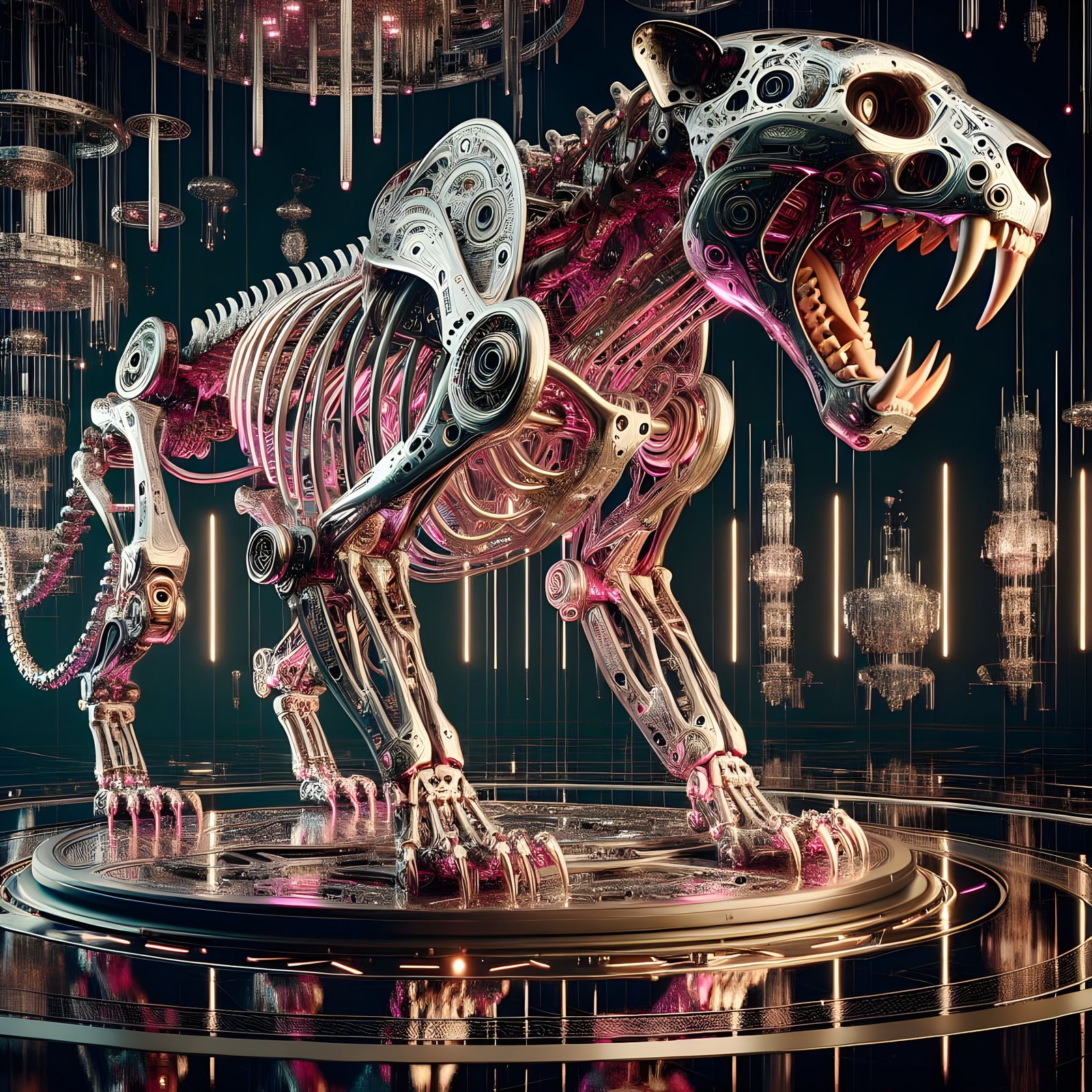 Steampunk Jaguar Skeleton Awakens with Vibrant Chrome