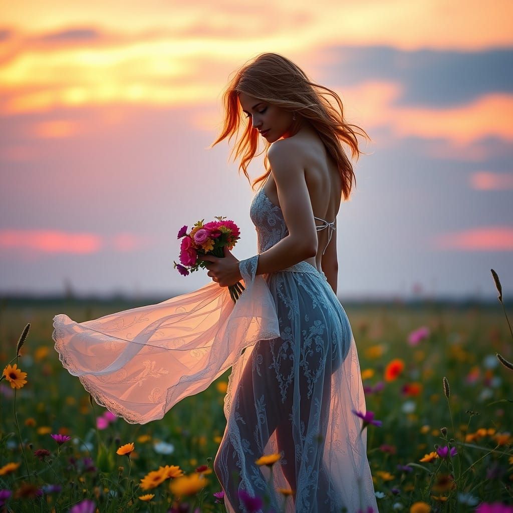 Ethereal Young Woman in Sunset Meadow