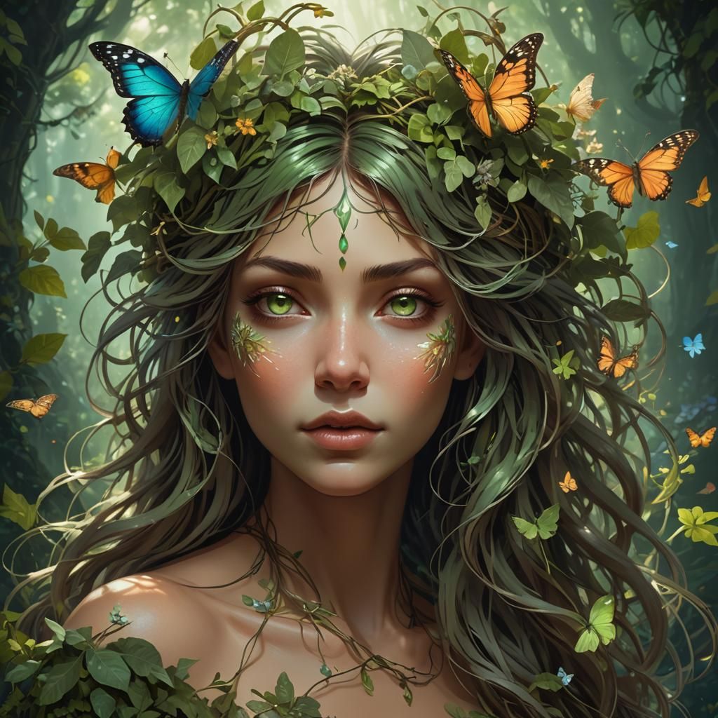 Enchanting Forest Spirit Portrait in Art Nouveau Style