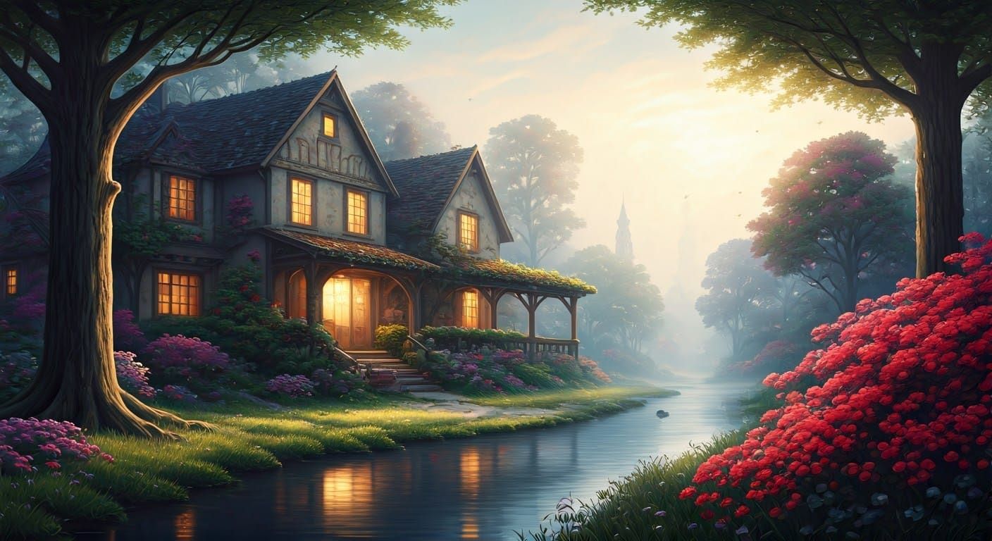 Ethereal Fantasy Scene in Thomas Kinkade Style