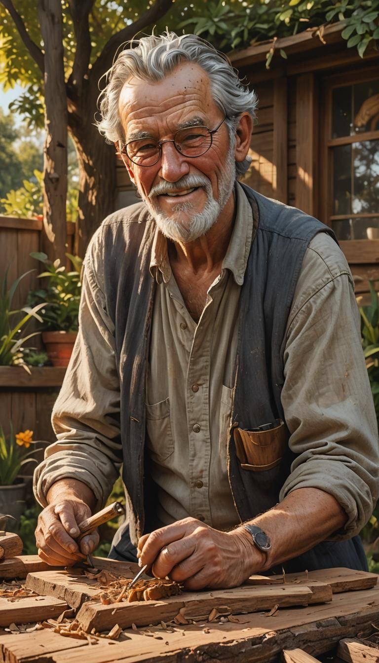 Hyperrealistic Old Man Carving Wood in Garden