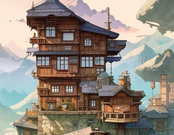 Cozy Aetherpunk Mountain Town in Anime Style