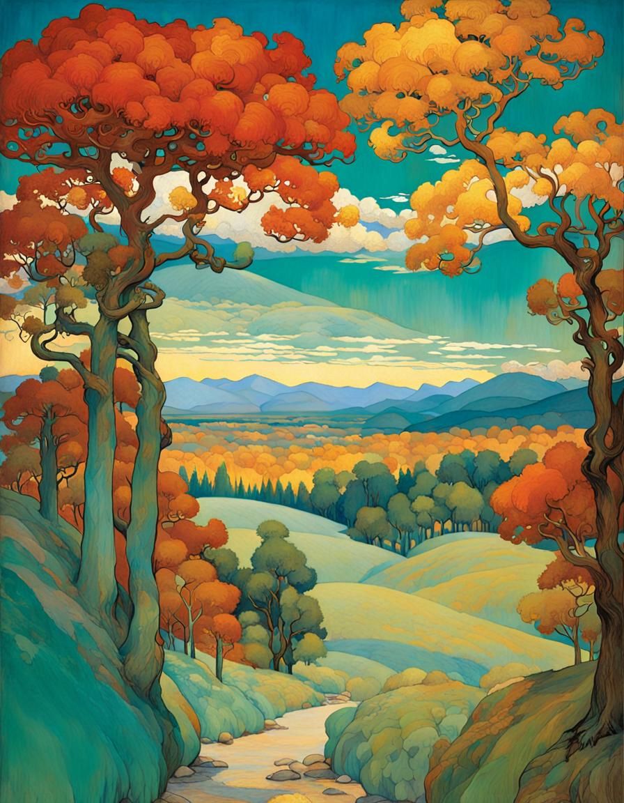 Vibrant Landscape with Turquoise Hills and Emerald Pathways