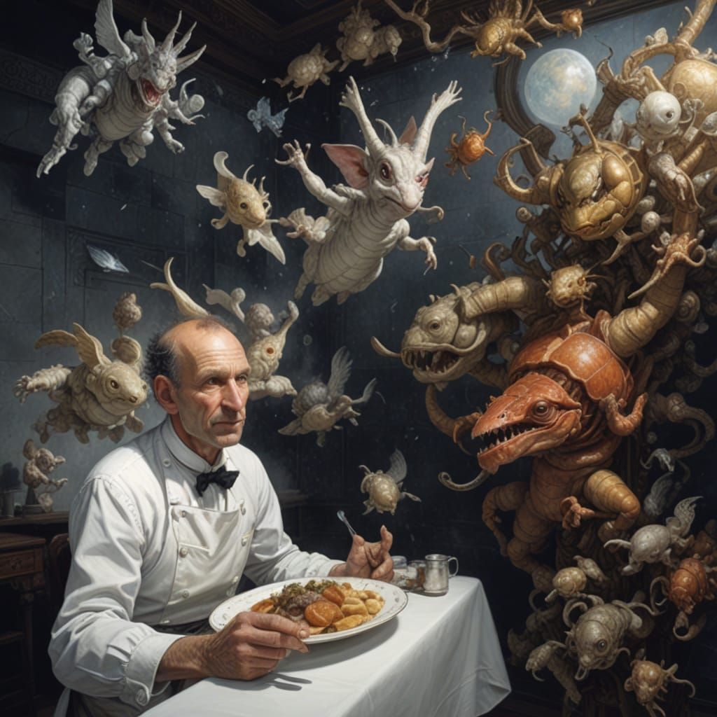 Our Waiter is pulling 'Taste This Plate' Duty for the Kitchen. He's stuck Tasting in a backroom which has a Leak from an...