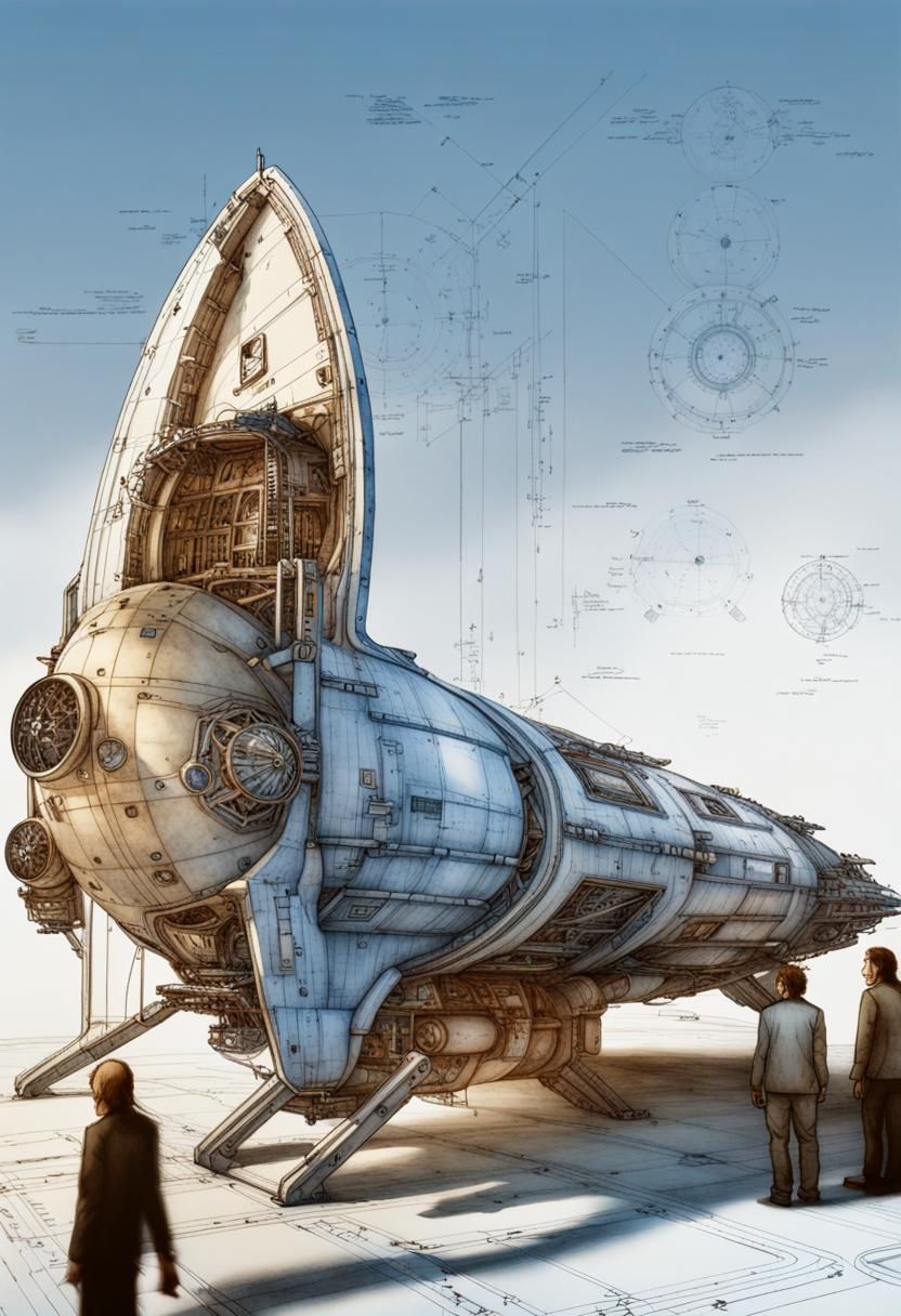 Detailed Spaceship Blueprint in Leonardo da Vinci Style