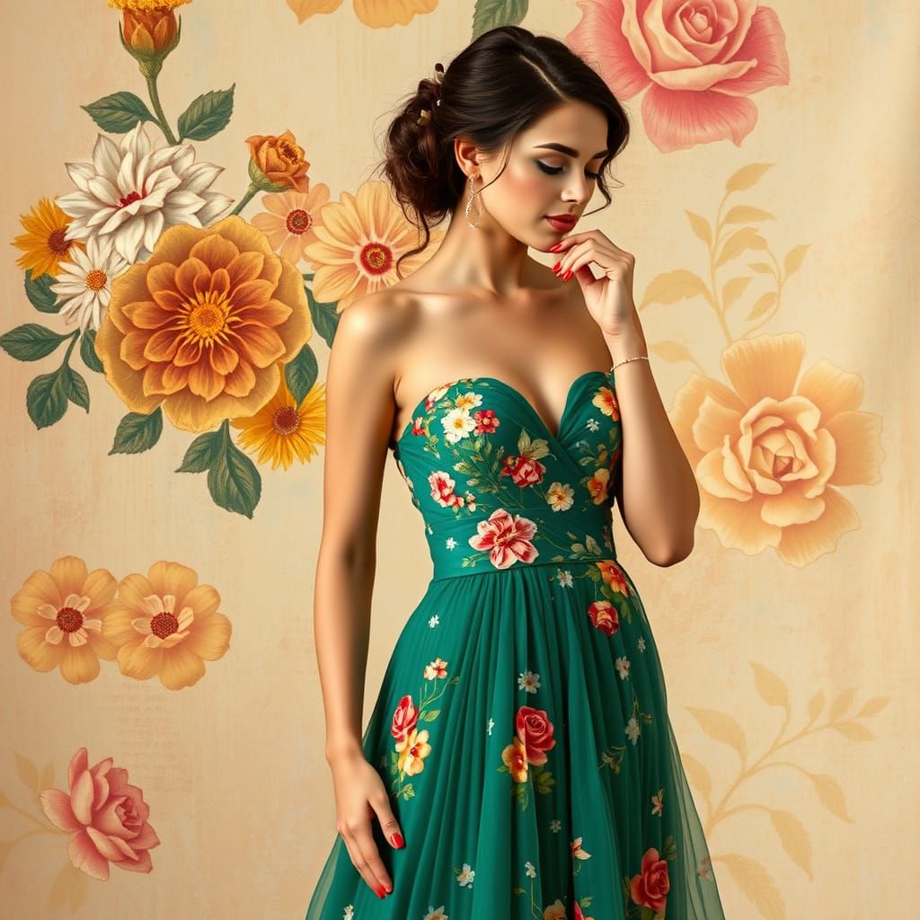 Elegant Woman in Floral Gown, Art Nouveau Style