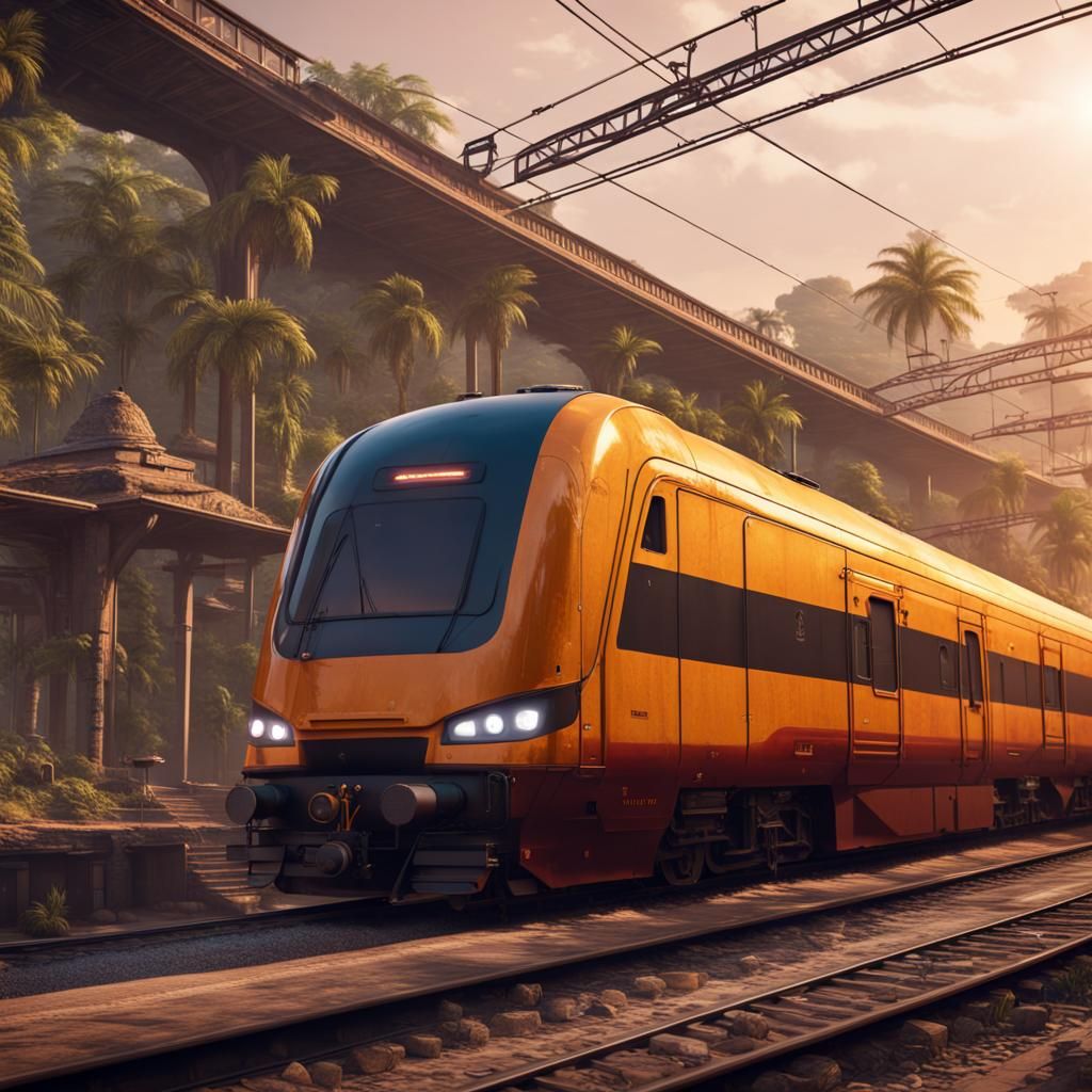 Saffron Intercity Train at Indian Station, Digital Art