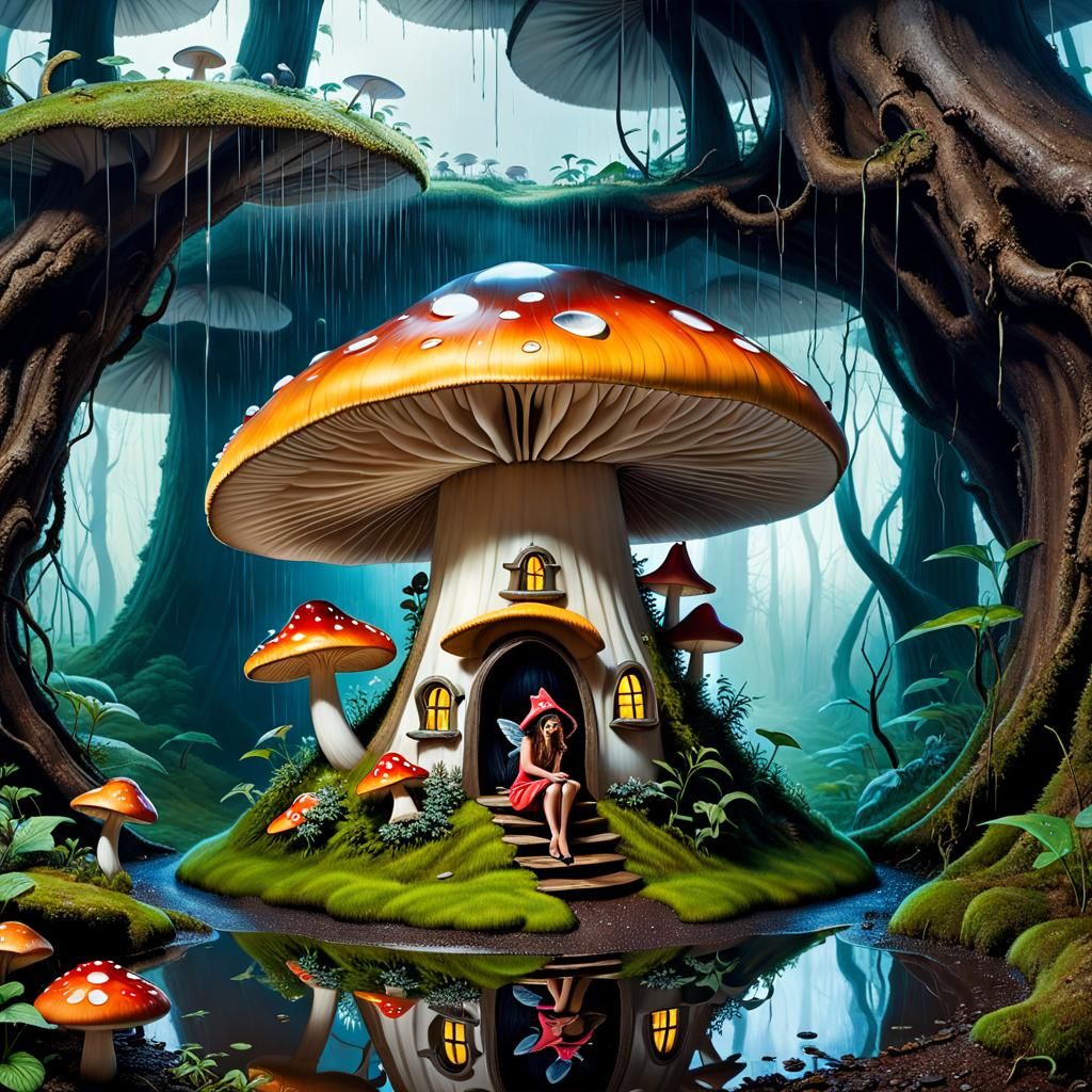 Fairy Hiding in Mushroom House: Surrealist Macro Photo