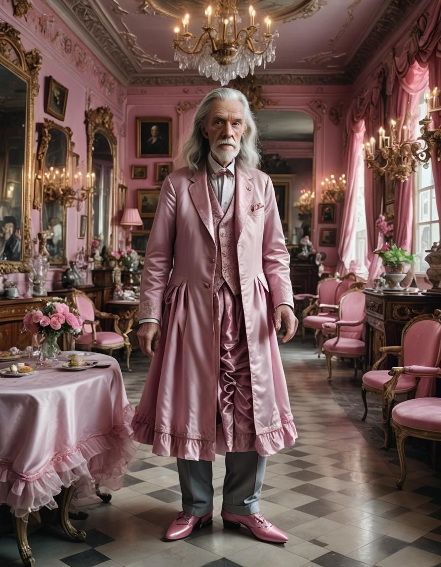 Elderly Man in Pink Dress in Ornate Parlor