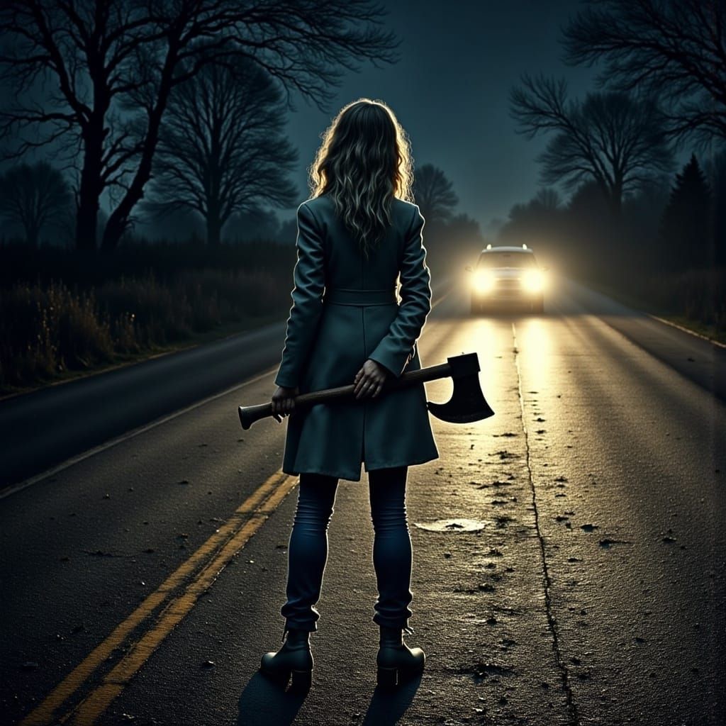 Ethereal Woman on a Desolate Road at Dusk