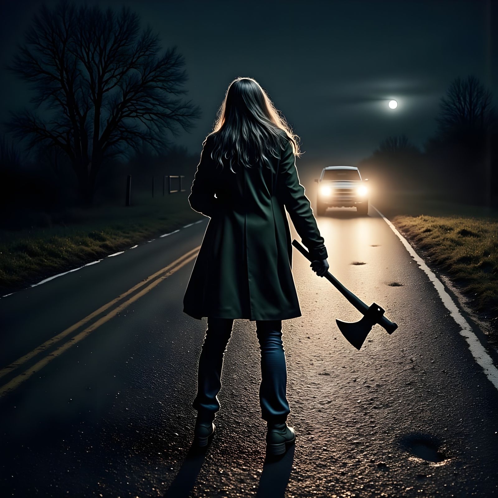 Ethereal Woman on a Desolate Road at Dusk