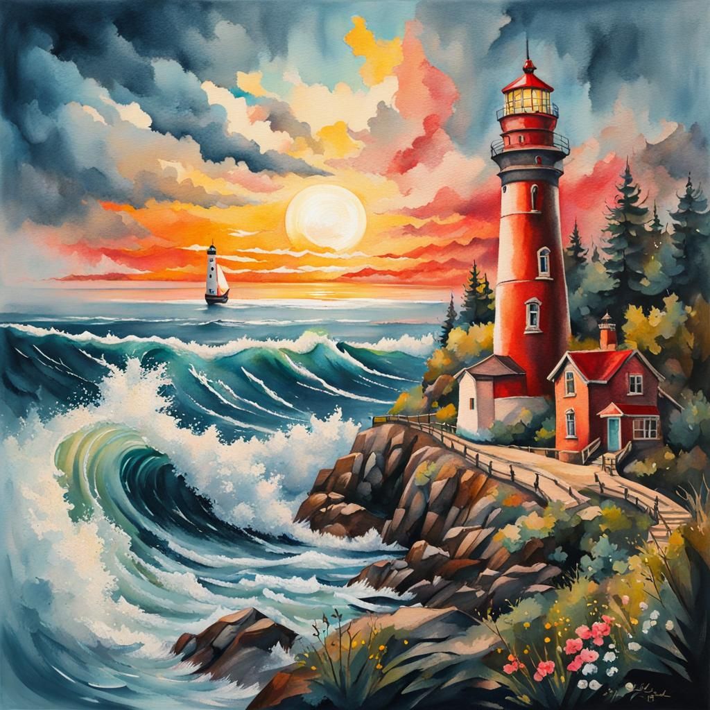 Nautical Lighthouse Tattoo Design in Gouache Style