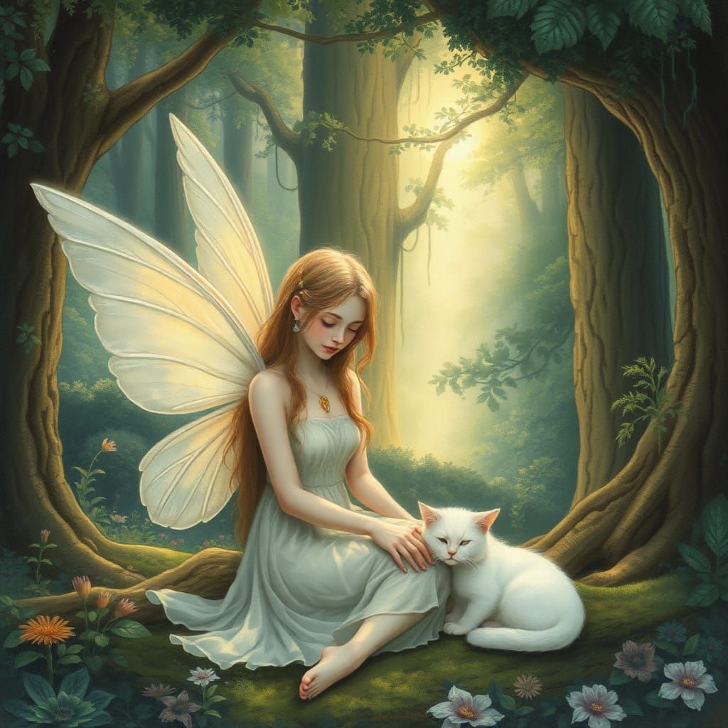 Ethereal Fairy with White Cat in Moonlit Forest