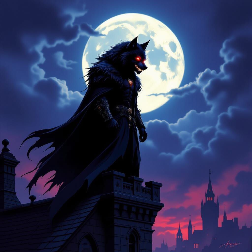 Werewolf Vampire Hybrid on Castle Rooftop