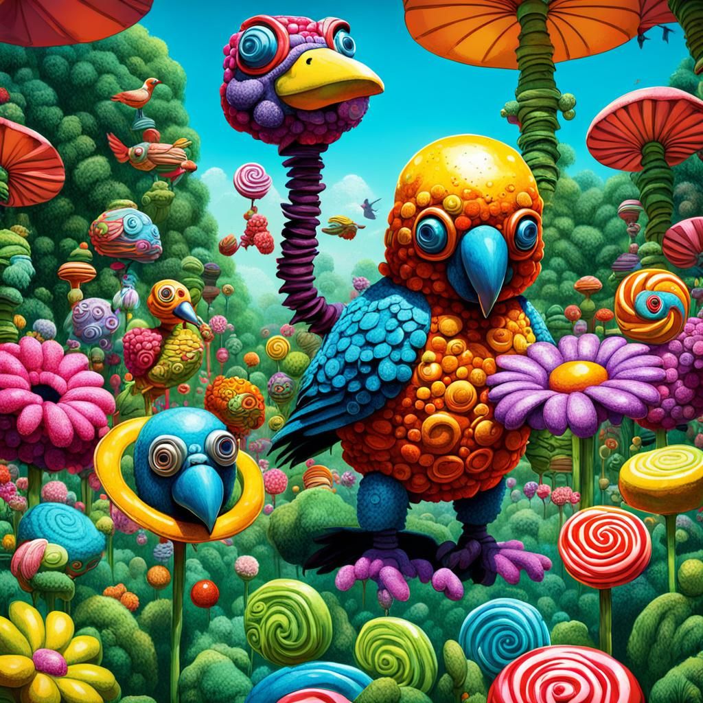 robot animals, flower jungle, birds by Richard Corben