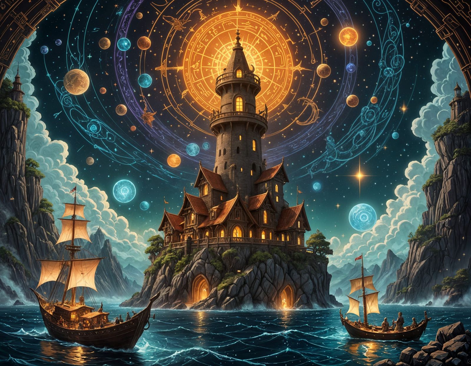 Celestial Lighthouse and Tavern in Cosmic D&D Style