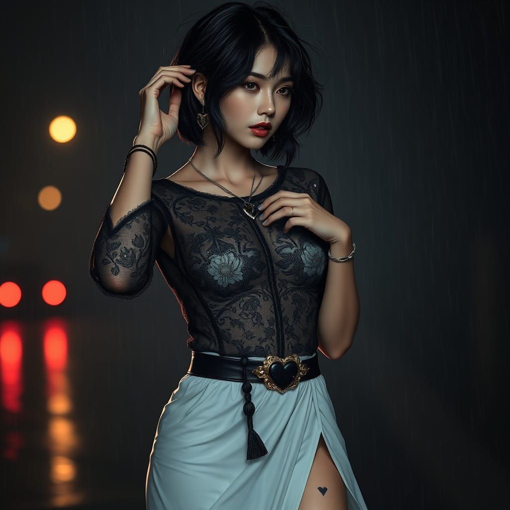 Ethereal Nighttime Vision of a Woman in the Rain