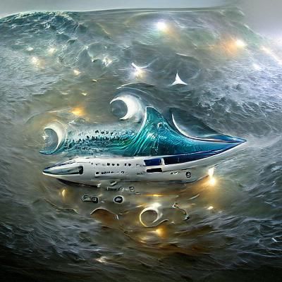 Spaceship Over Sparkling Ocean Waves Art