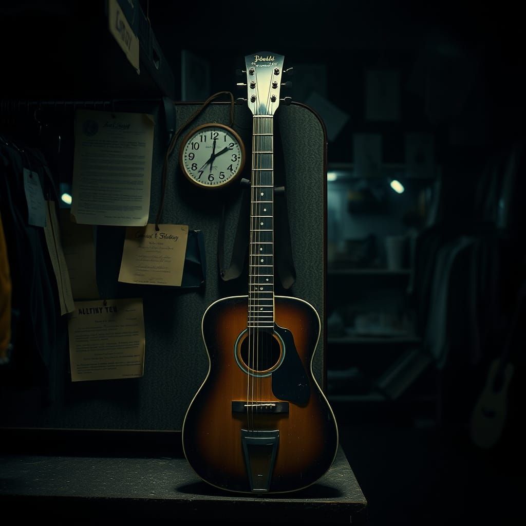 Abandoned Guitar in Pawn Shop, Haunting Cinematic Photograph