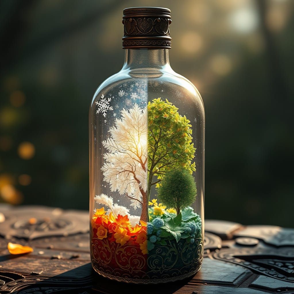 Ethereal Seasons in an Ornate Glass Bottle, Fantasy Concept...
