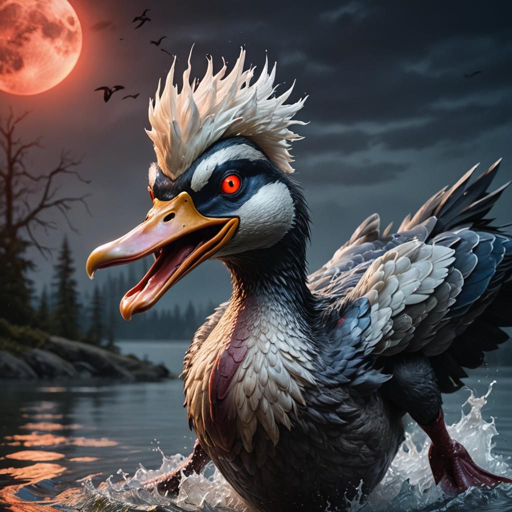 A closeup of a Hyperrealistic, Anthropomorphic Duck Transformed into a terrifying Wereduck, with fiery red eyes, a hyper...