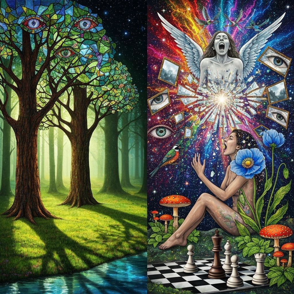 Stained Glass Forest Meets Astral Sky with Angel