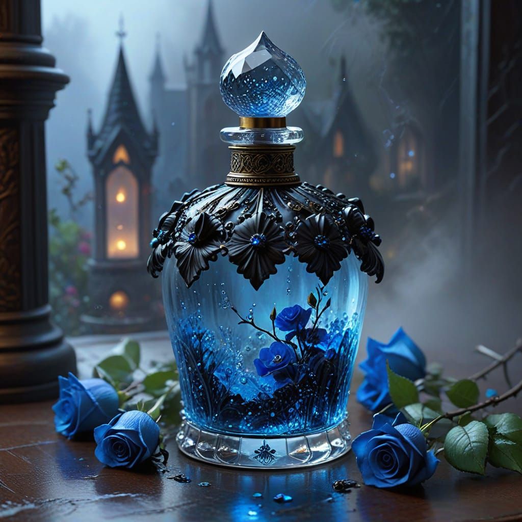 Gothic Perfume Bottle With Splashing Water and Roses